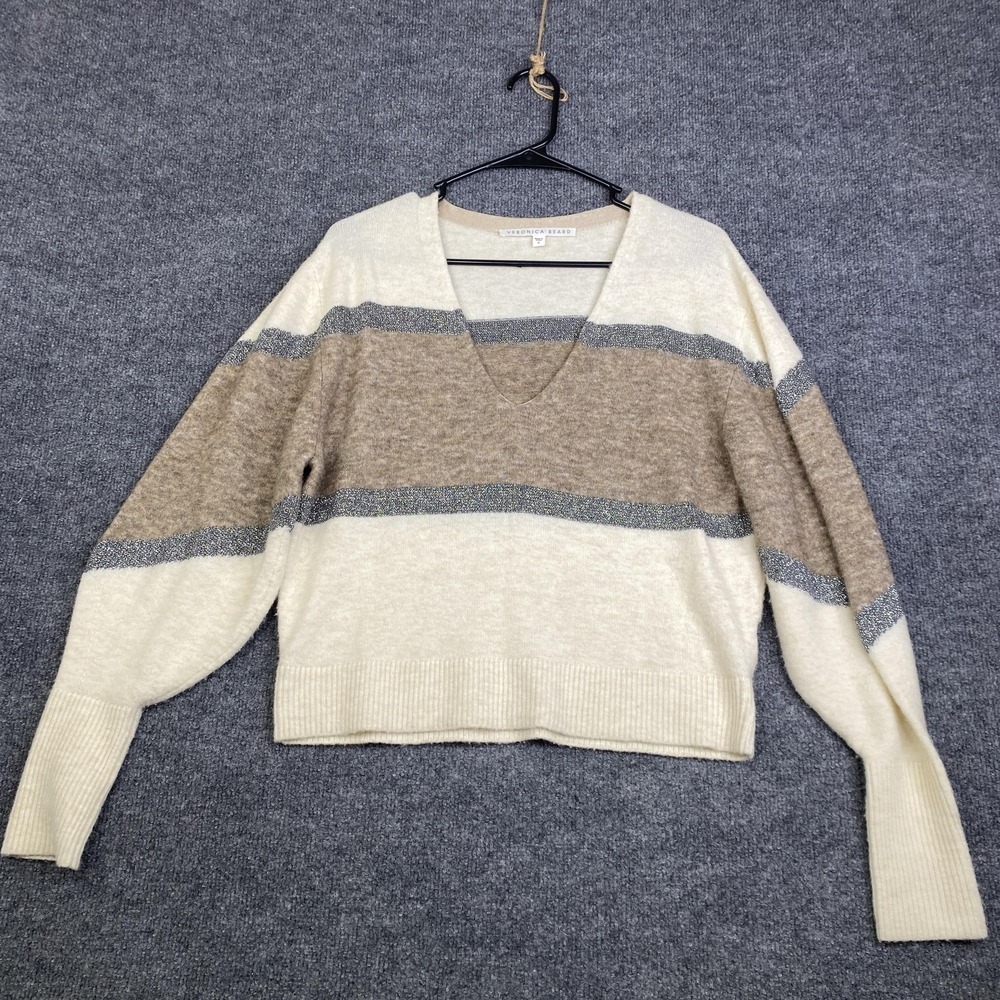 Veronica Beard Sweater Womens Small White Stripe V Neck Alpaca Blend Pullover